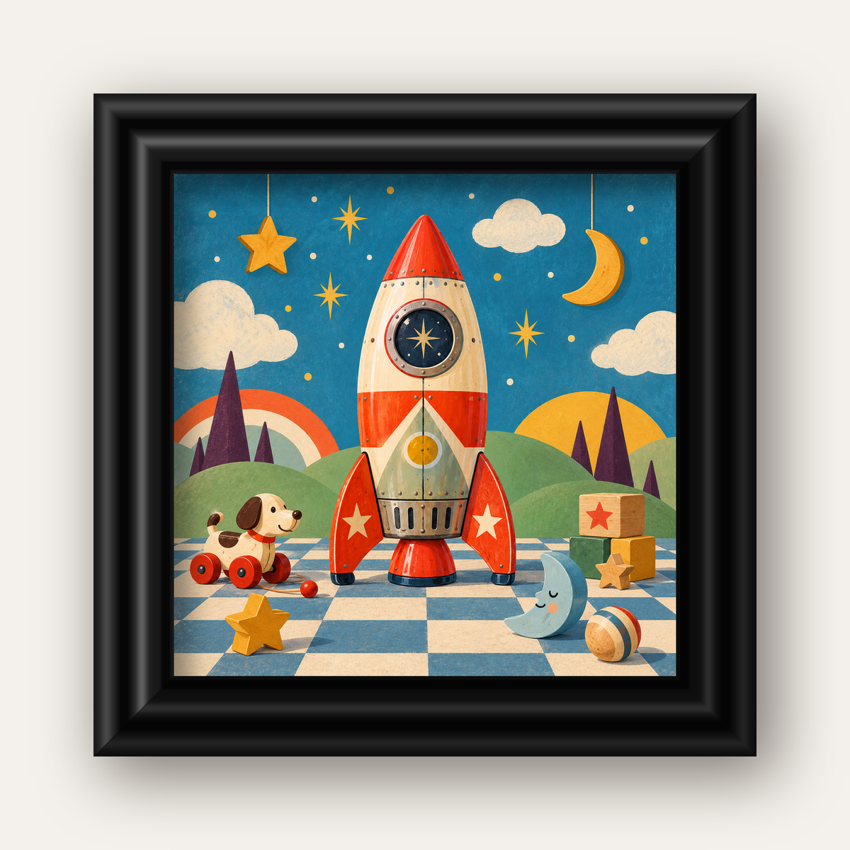 Retro Teneke Roket Çocuk Odası Posteri — siyah galeri çerçeveli