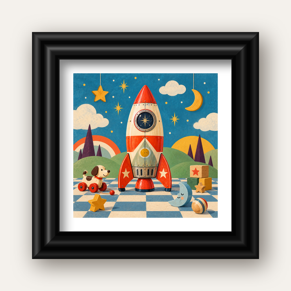 Retro Teneke Roket Çocuk Odası Posteri — siyah galeri çerçeveli paspartulu