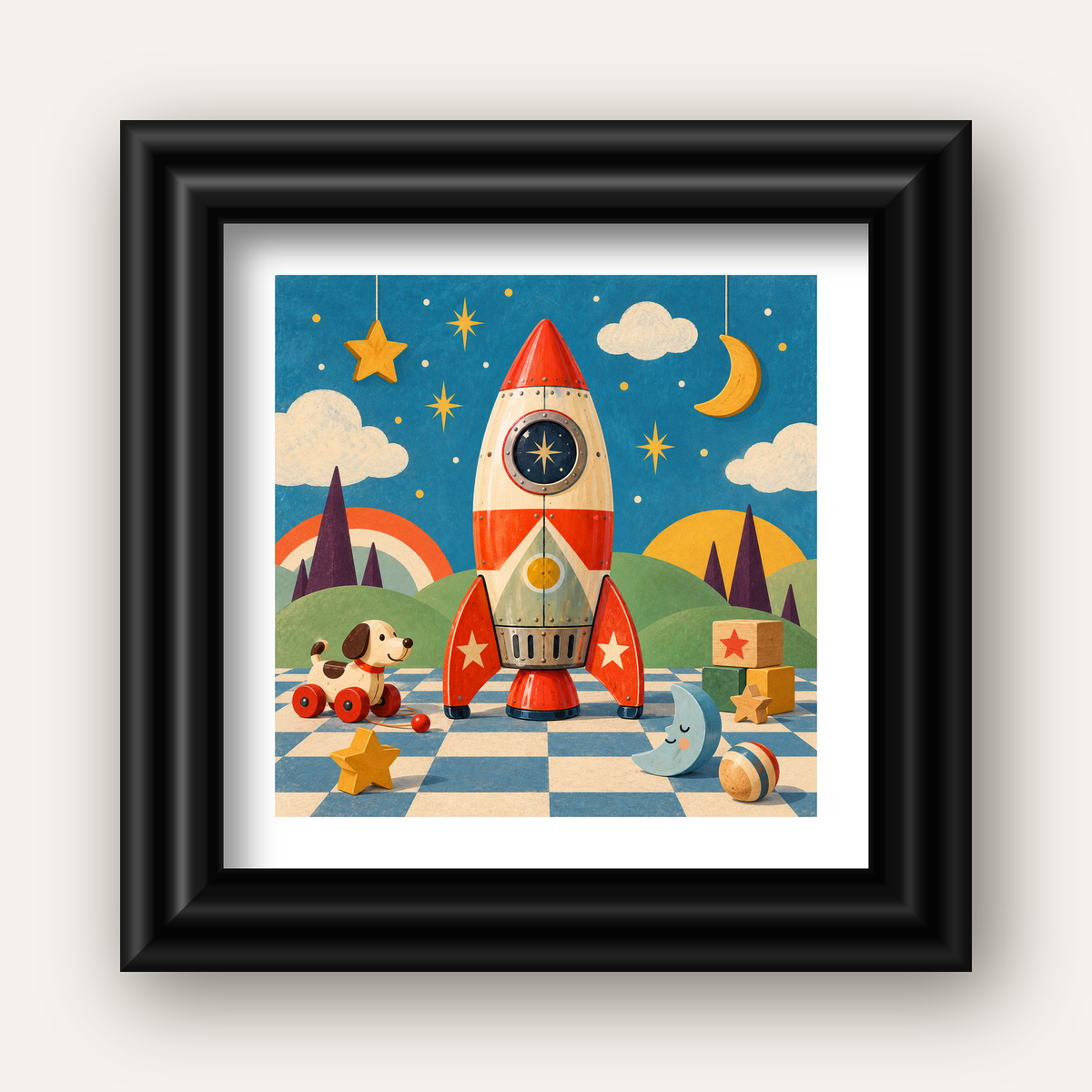 Retro Teneke Roket Çocuk Odası Posteri — siyah galeri çerçeveli paspartulu