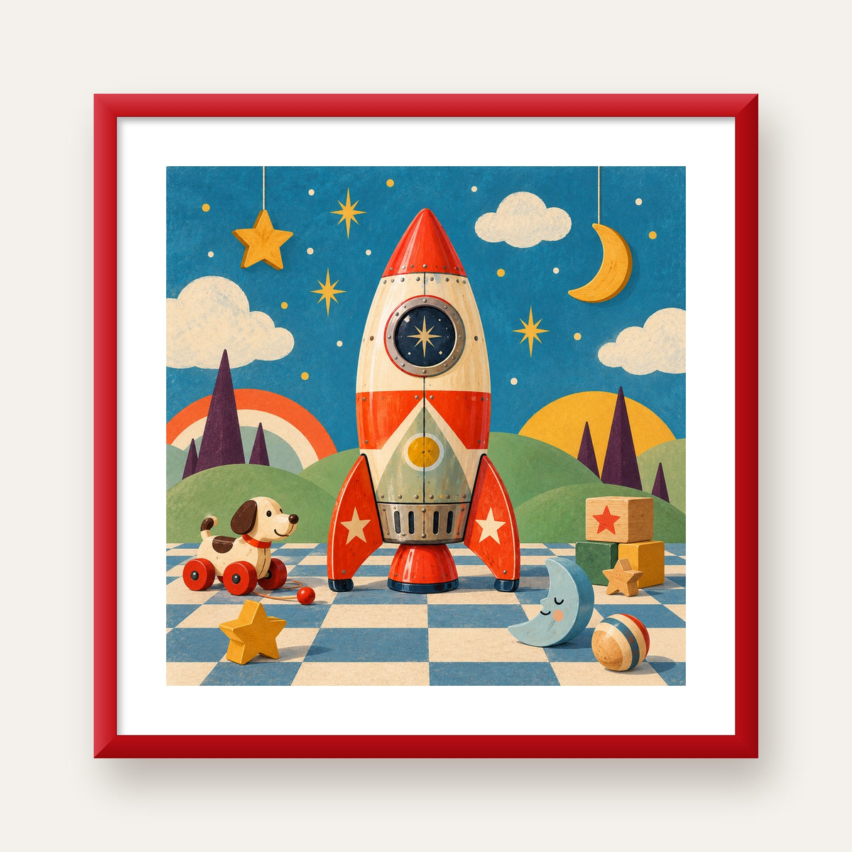 Retro Teneke Roket Çocuk Odası Posteri — kırmızı çerçeveli paspartulu