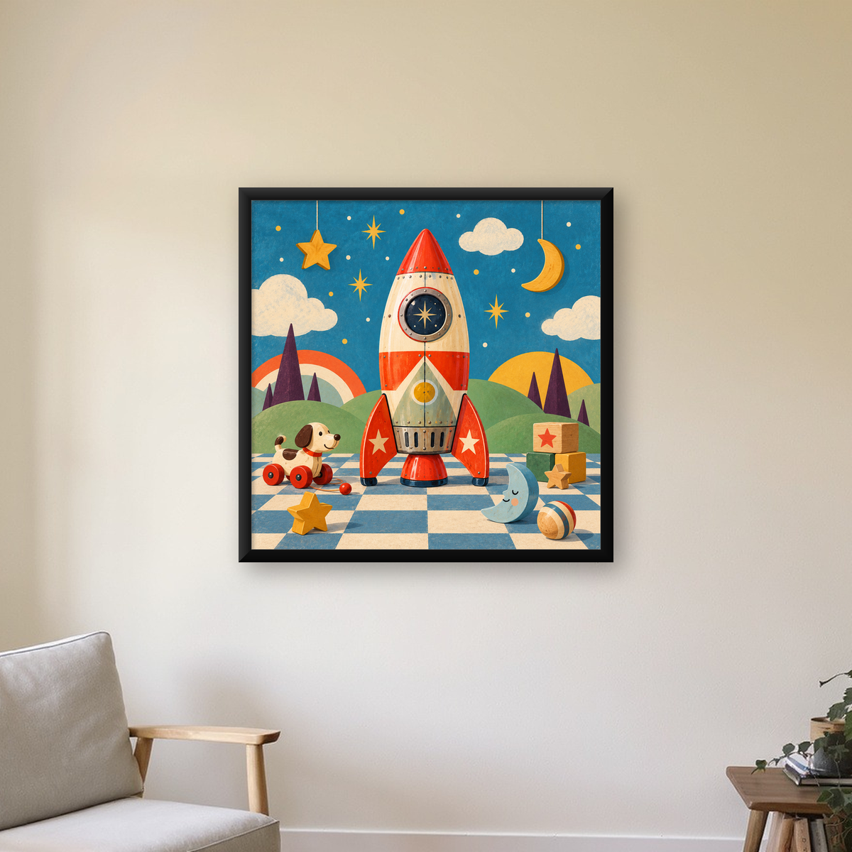 Nostaljik Roket ve Oyuncaklar Çocuk Odası Poster Sanatı — Kare baskı, çerçeveli hâliyle bir ev duvarında