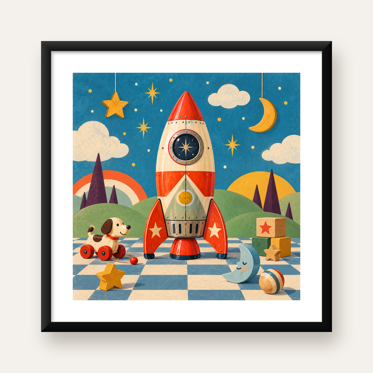 Nostaljik Roket ve Oyuncaklar Çocuk Odası Poster Sanatı — Kare baskı, beyaz kenar boşluklu