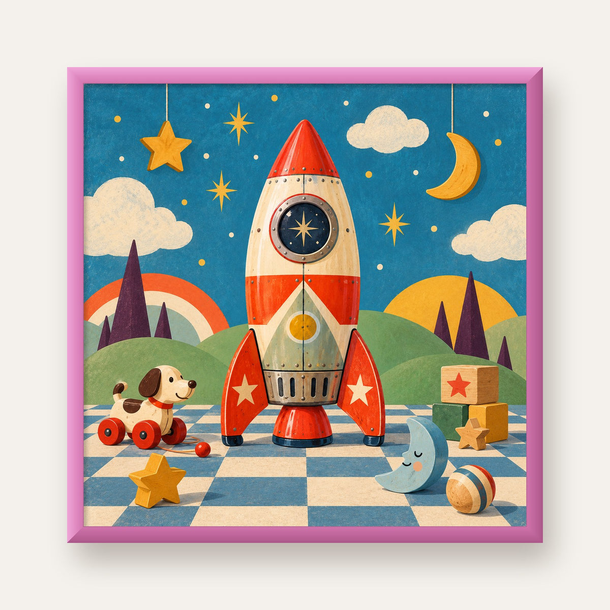 Retro Teneke Roket Çocuk Odası Posteri — pembe çerçeveli