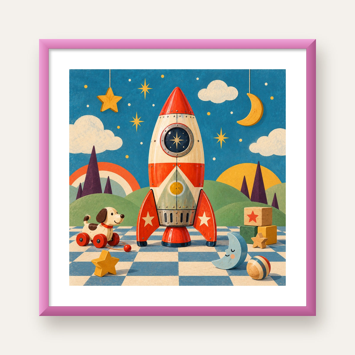 Retro Teneke Roket Çocuk Odası Posteri — pembe çerçeveli paspartulu