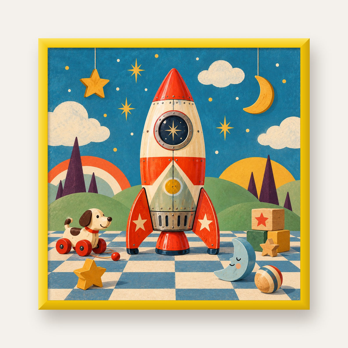 Retro Teneke Roket Çocuk Odası Posteri — sarı çerçeveli