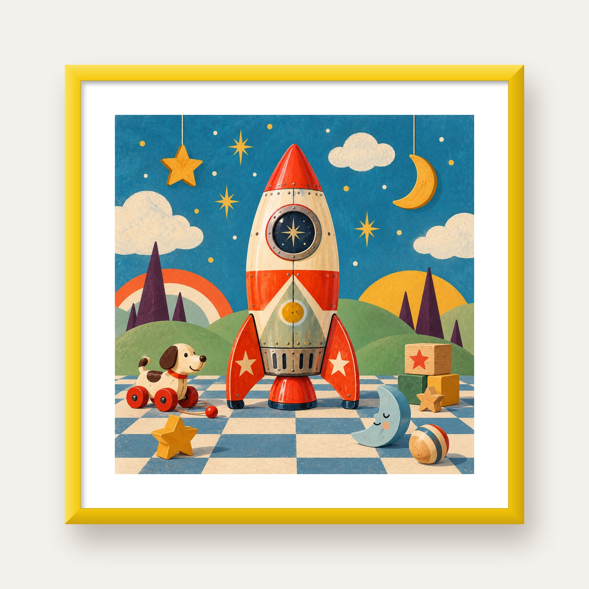 Retro Teneke Roket Çocuk Odası Posteri — sarı çerçeveli paspartulu