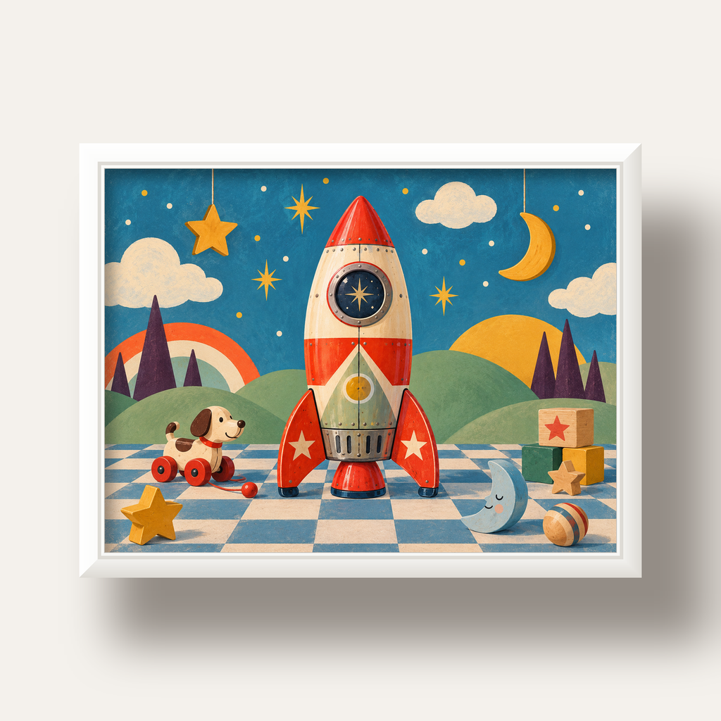 Retro Teneke Roket Çocuk Odası Posteri — beyaz derin çerçeveli