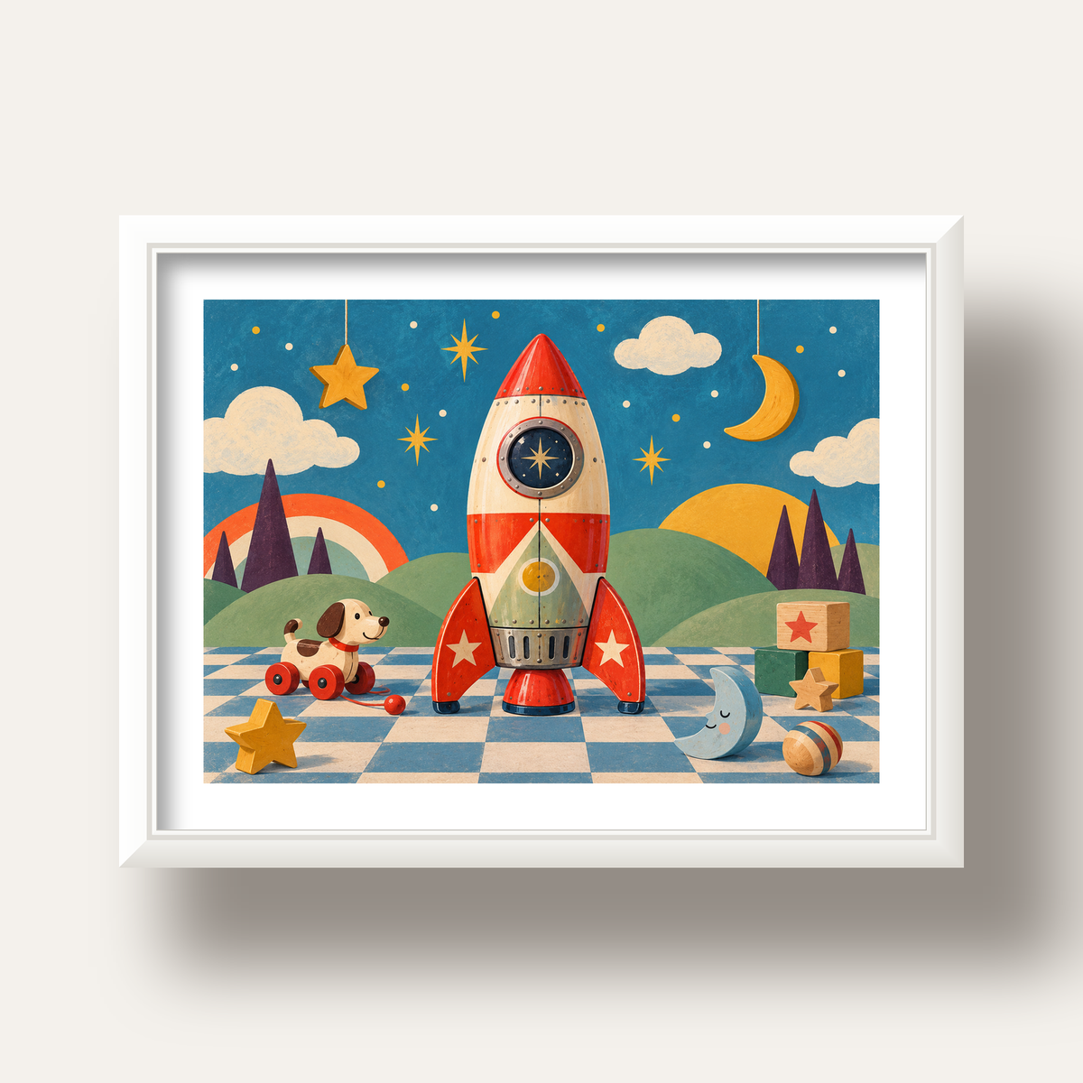 Retro Teneke Roket Çocuk Odası Posteri — beyaz derin çerçeveli paspartulu