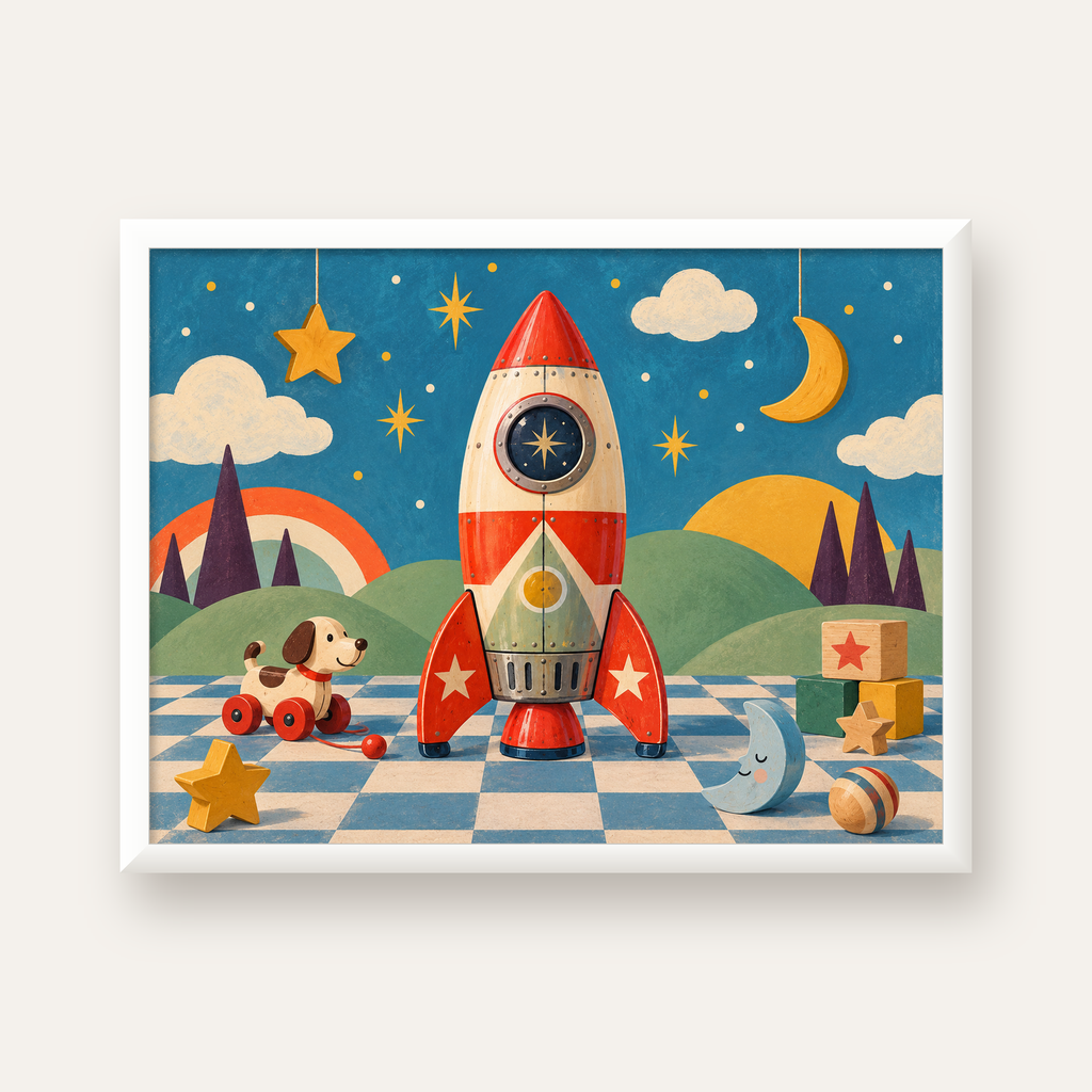 Retro Teneke Roket Çocuk Odası Posteri — beyaz çerçeveli yatay poster