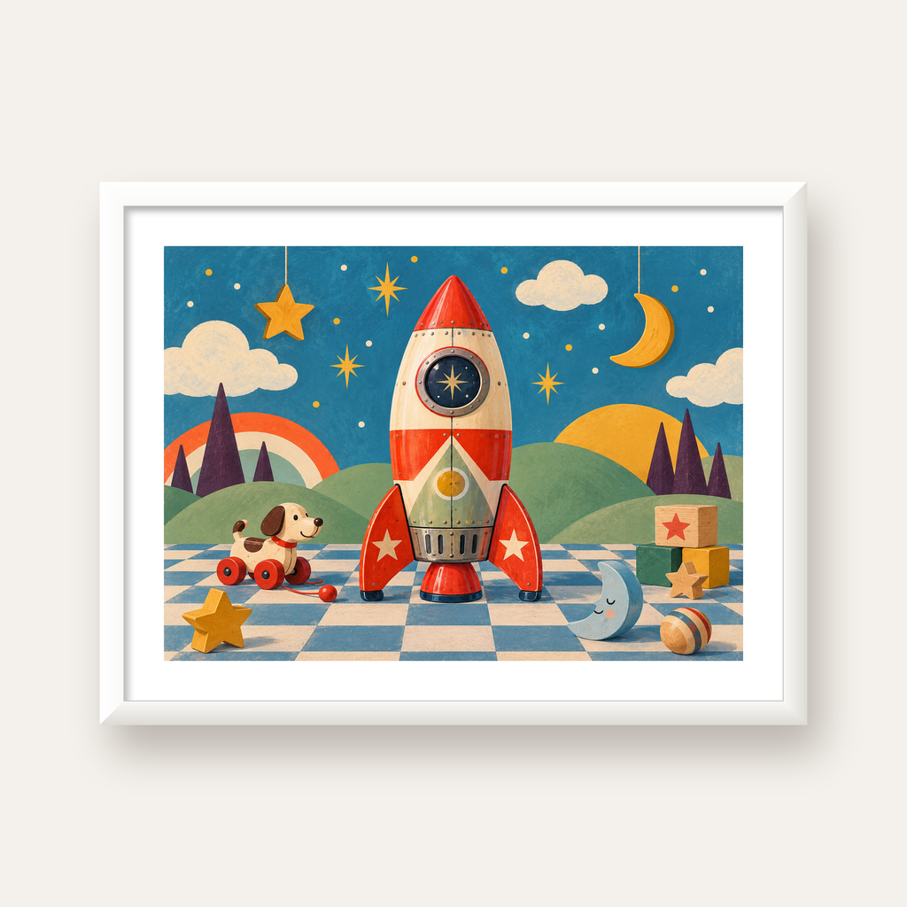 Retro Teneke Roket Çocuk Odası Posteri — beyaz çerçeveli yatay poster