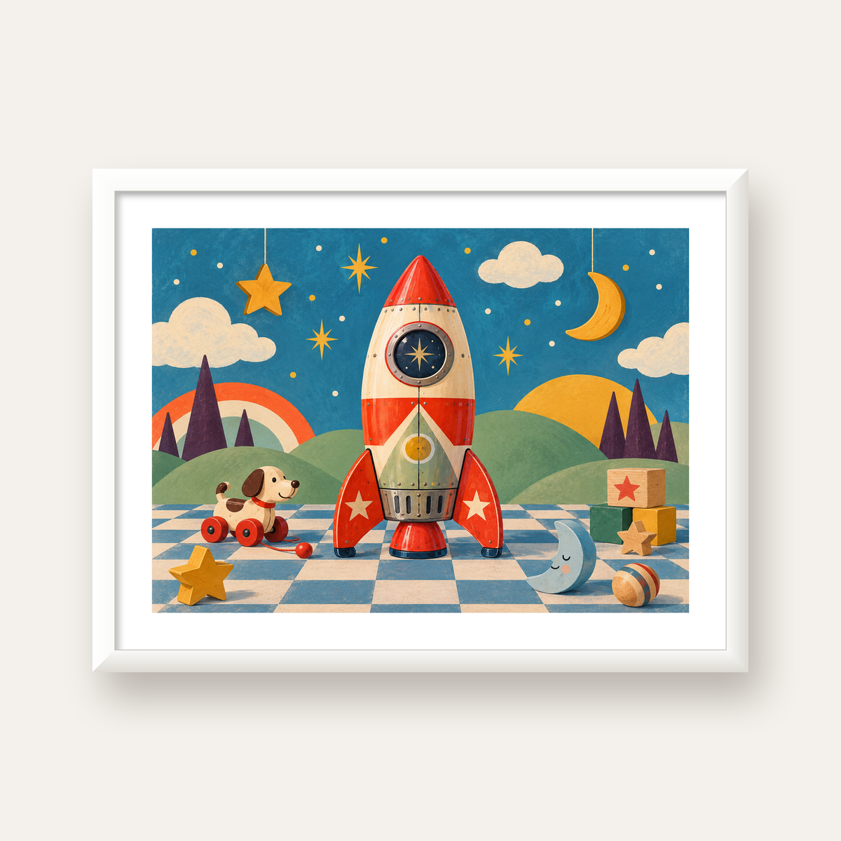 Retro Teneke Roket Çocuk Odası Posteri — beyaz çerçeveli yatay poster