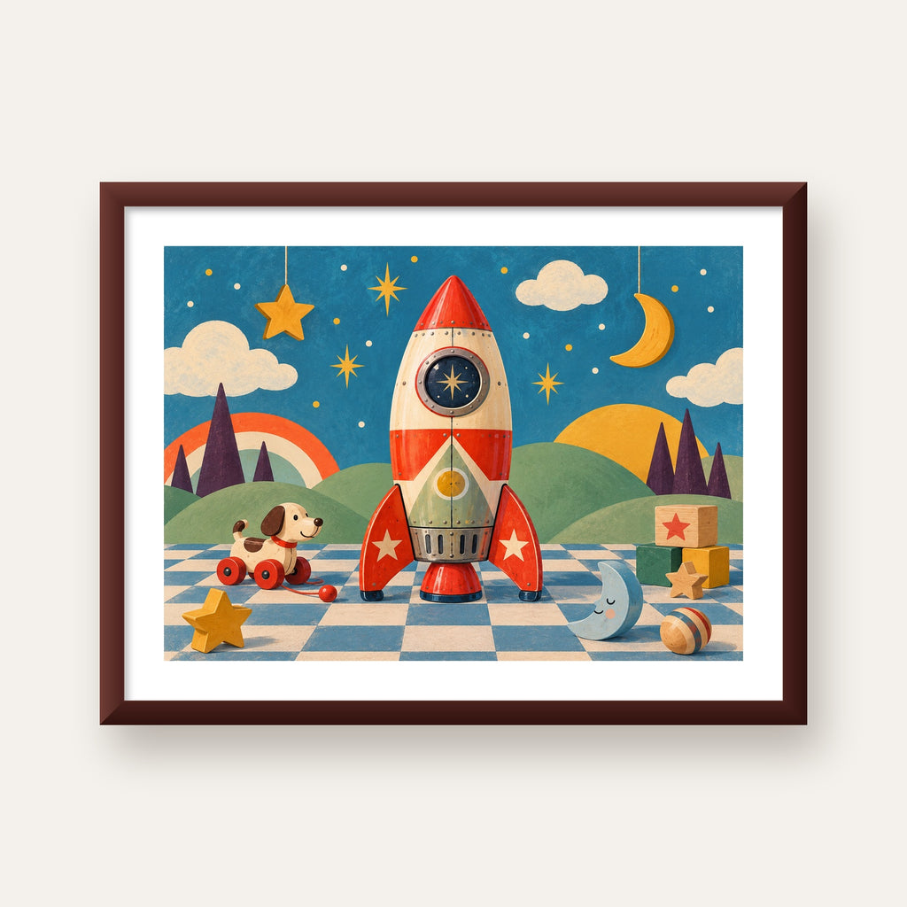 Retro Teneke Roket Çocuk Odası Posteri — ceviz çerçeveli paspartulu