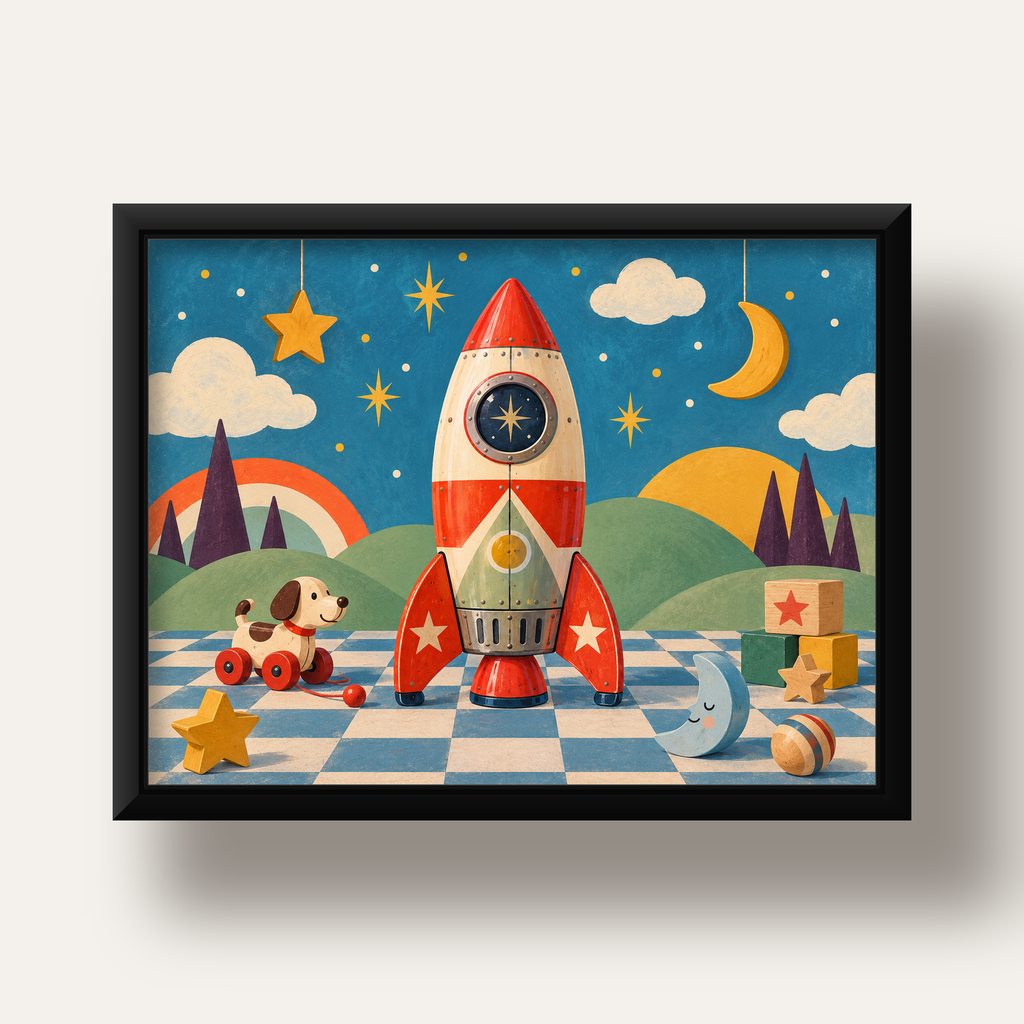Retro Teneke Roket Çocuk Odası Posteri — siyah derin çerçeveli