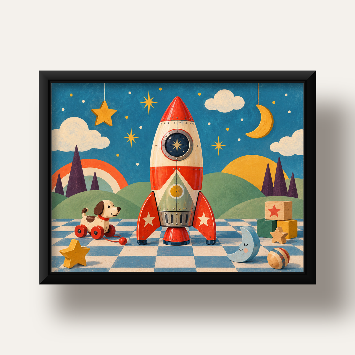 Retro Teneke Roket Çocuk Odası Posteri — siyah derin çerçeveli