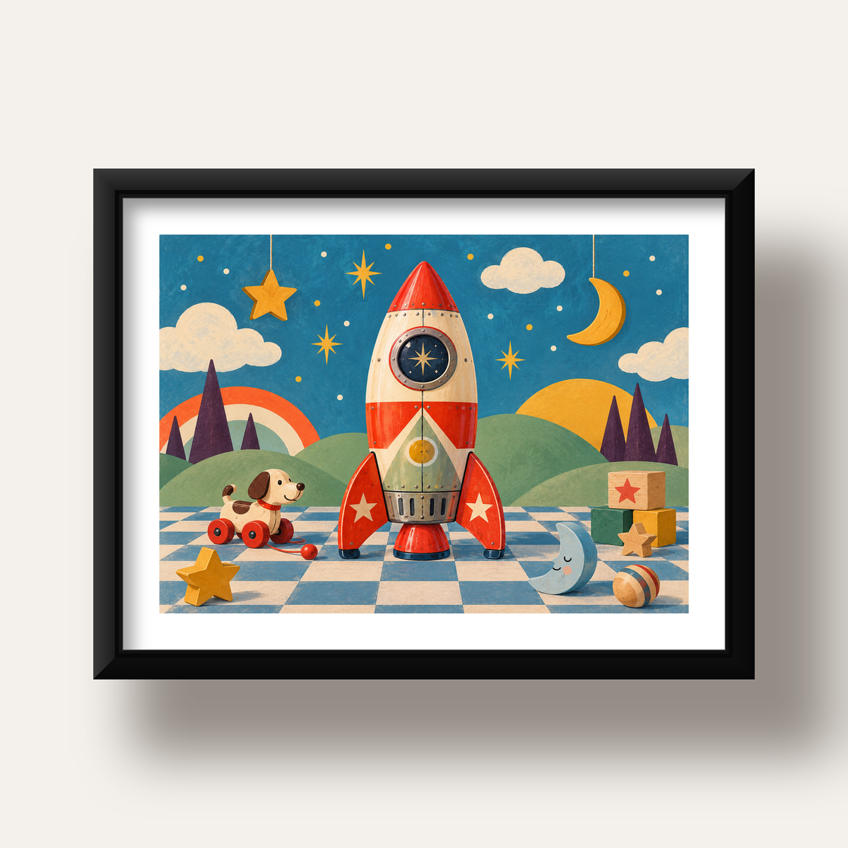 Retro Teneke Roket Çocuk Odası Posteri — siyah derin çerçeveli paspartulu