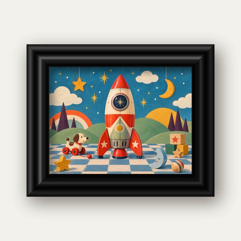 Retro Teneke Roket Çocuk Odası Posteri — siyah galeri çerçeveli