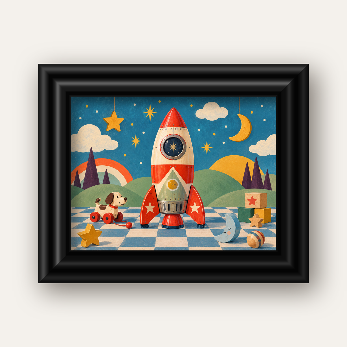 Retro Teneke Roket Çocuk Odası Posteri — siyah galeri çerçeveli