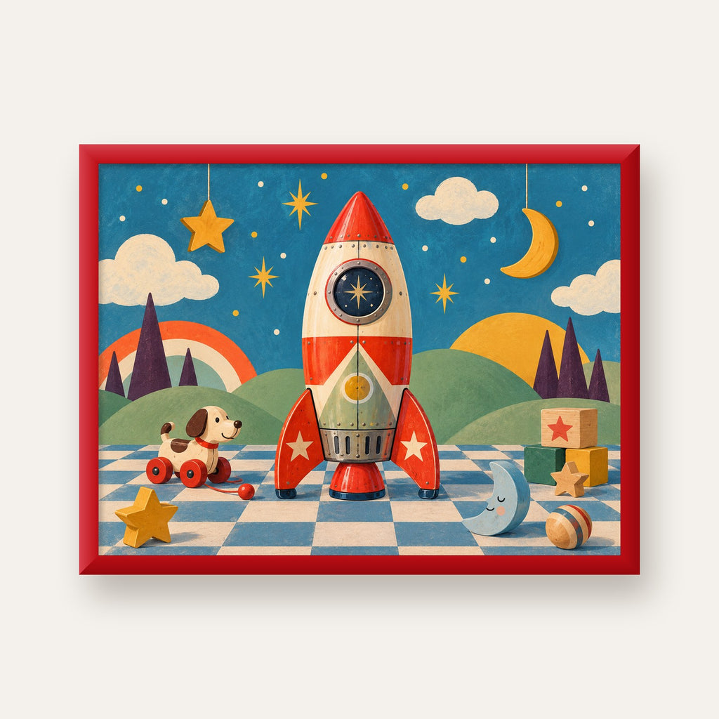 Retro Teneke Roket Çocuk Odası Posteri — kırmızı çerçeveli
