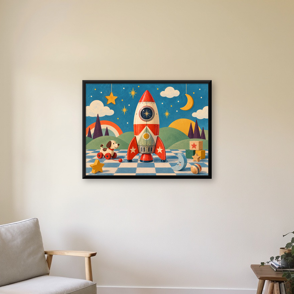 Nostaljik Roket ve Oyuncaklar Çocuk Odası Poster Sanatı — Yatay baskı, çerçeveli hâliyle bir ev duvarında