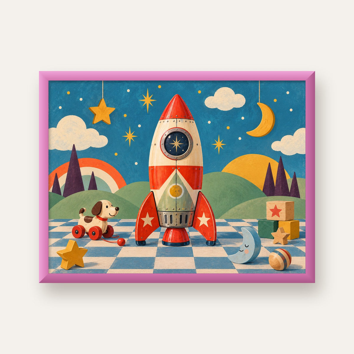 Retro Teneke Roket Çocuk Odası Posteri — pembe çerçeveli
