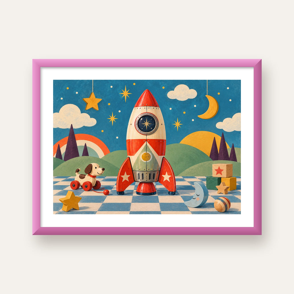 Retro Teneke Roket Çocuk Odası Posteri — pembe çerçeveli paspartulu