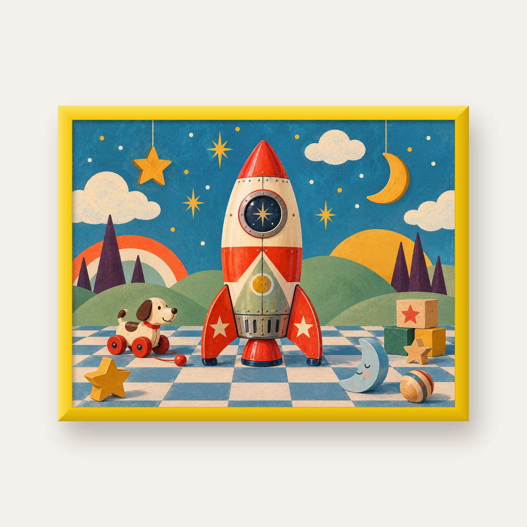 Retro Teneke Roket Çocuk Odası Posteri — sarı çerçeveli