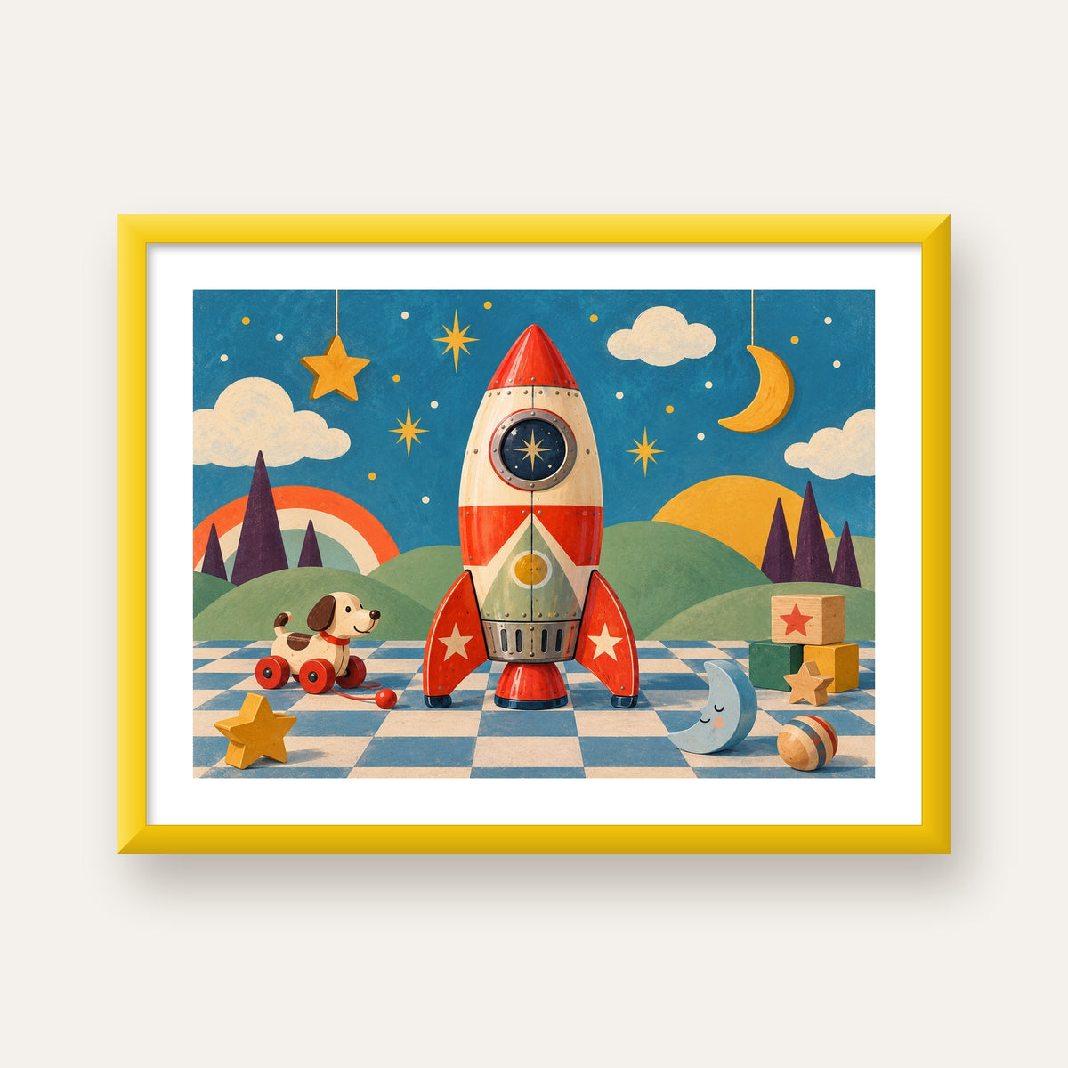 Retro Teneke Roket Çocuk Odası Posteri — sarı çerçeveli paspartulu