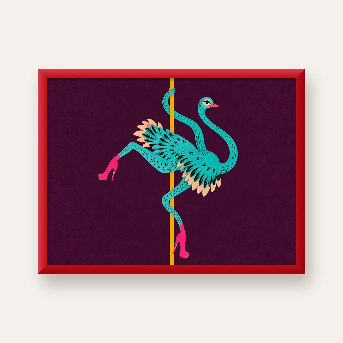 Direk Dansı Yapan Devekuşu Dijital İllüstrasyon Poster — kırmızı çerçeveli