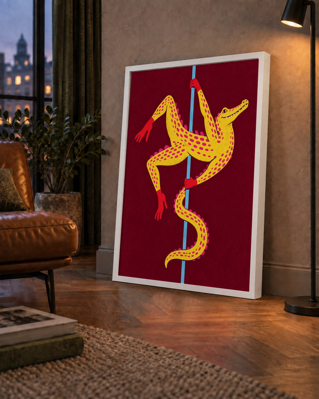 Dans Eden Timsah Poster – Renkli ve Eğlenceli Dijital Sanat — çerçeveli hâliyle bir ev duvarında