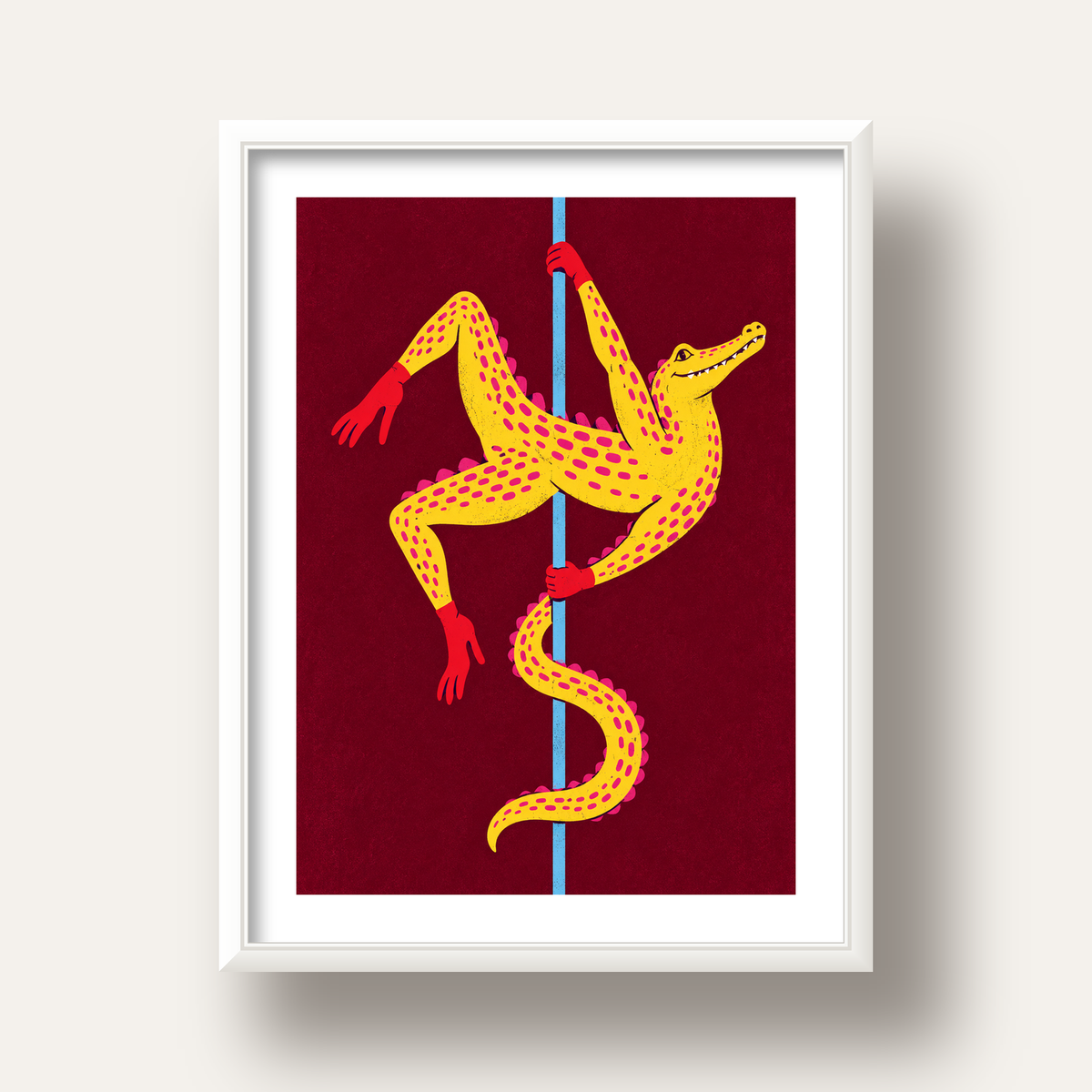 Dans Eden Timsah Poster – Renkli ve Eğlenceli Dijital Sanat — beyaz derin çerçeveli paspartulu
