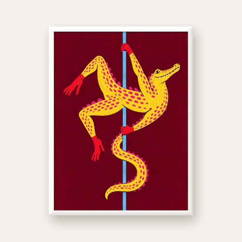 Dans Eden Timsah Poster – Renkli ve Eğlenceli Dijital Sanat — beyaz çerçeveli dikey poster