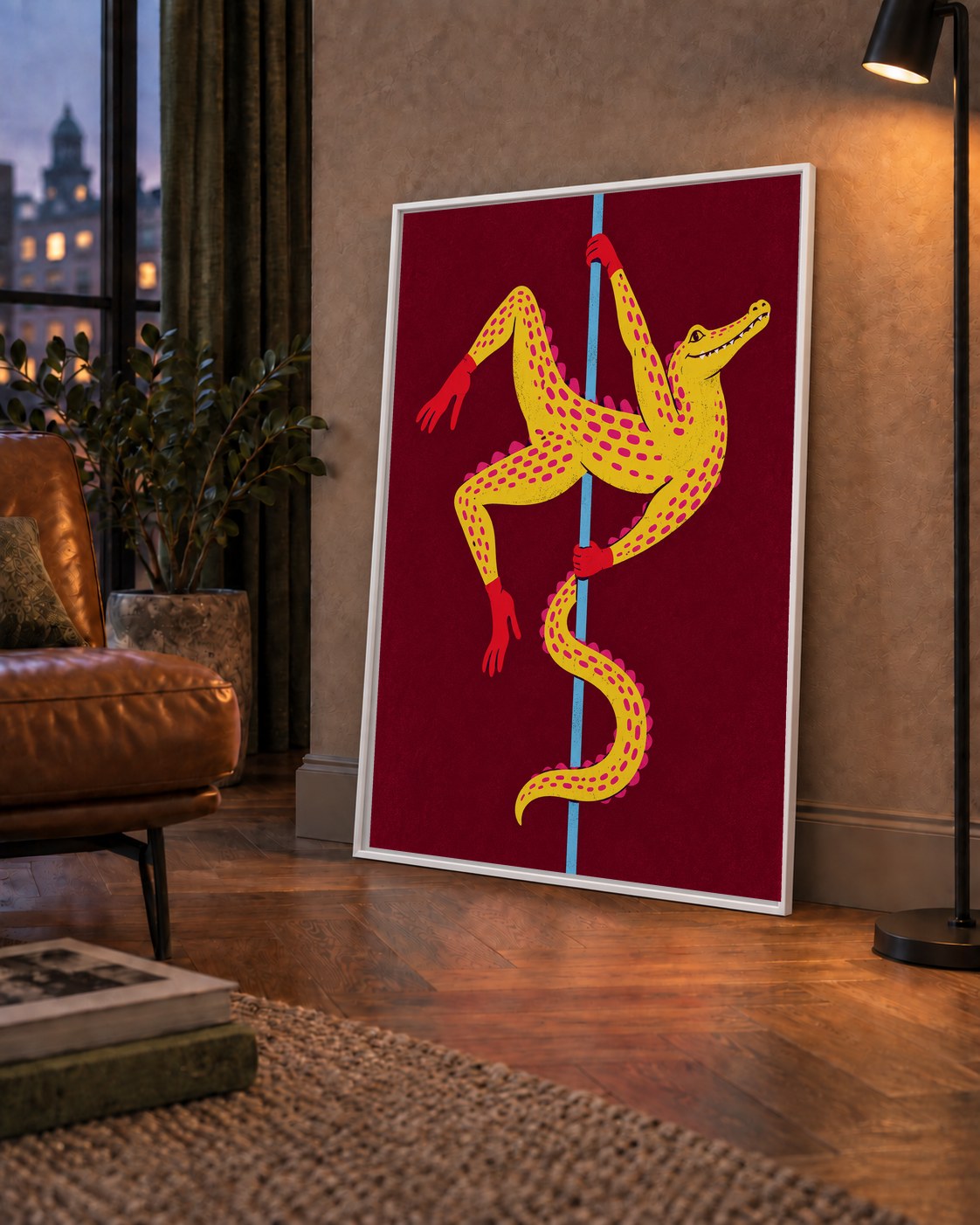 Dans Eden Timsah Poster – Renkli ve Eğlenceli Dijital Sanat — çerçeveli hâliyle bir ev duvarında