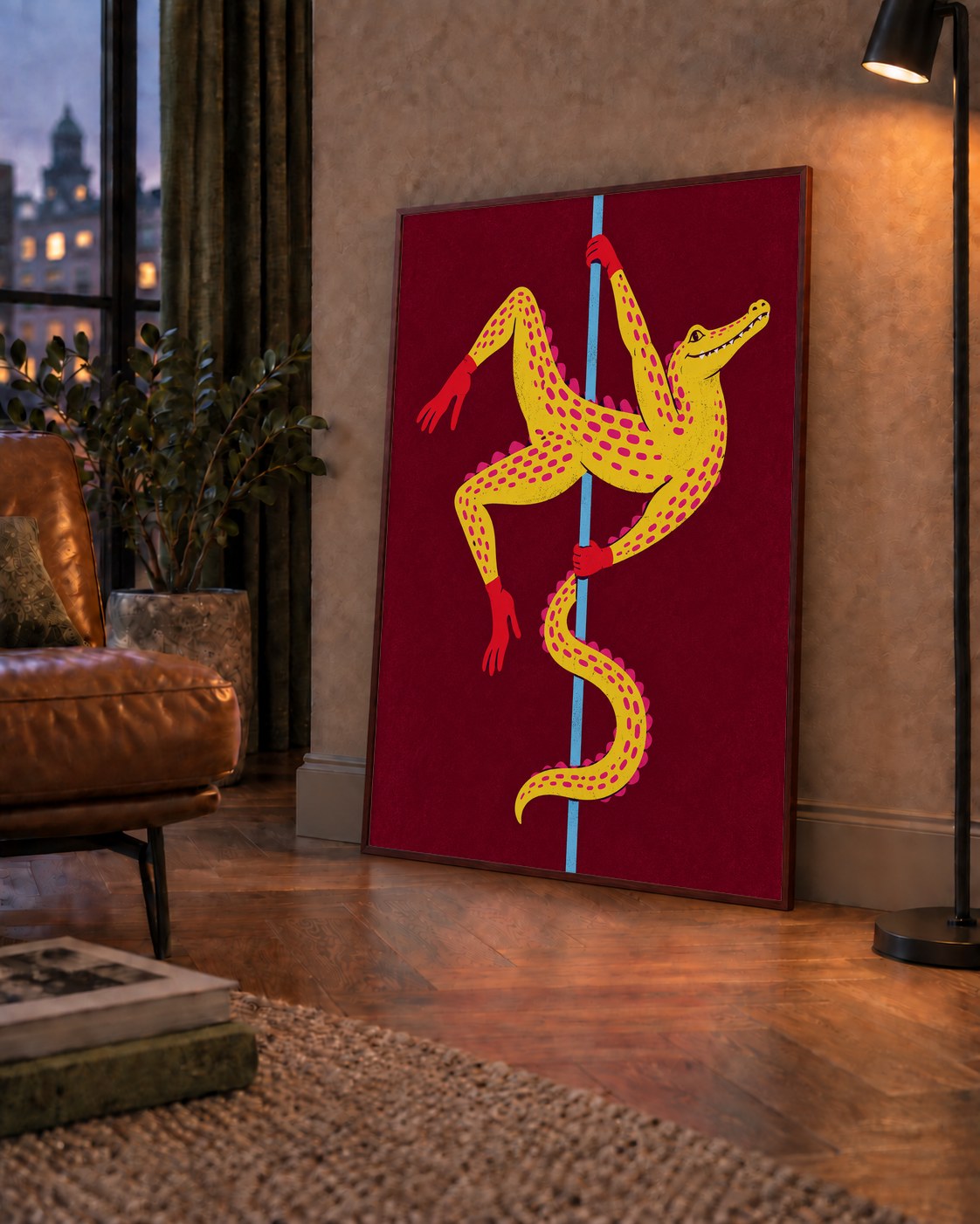 Dans Eden Timsah Poster – Renkli ve Eğlenceli Dijital Sanat — çerçeveli hâliyle bir ev duvarında