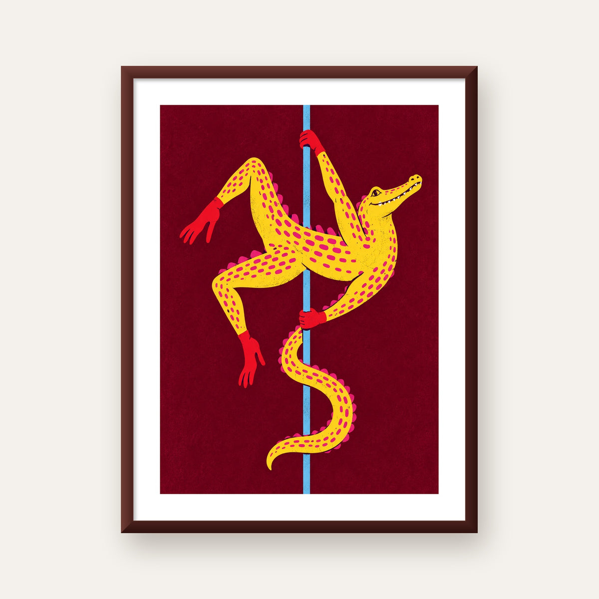 Dans Eden Timsah Poster – Renkli ve Eğlenceli Dijital Sanat — ceviz çerçeveli paspartulu