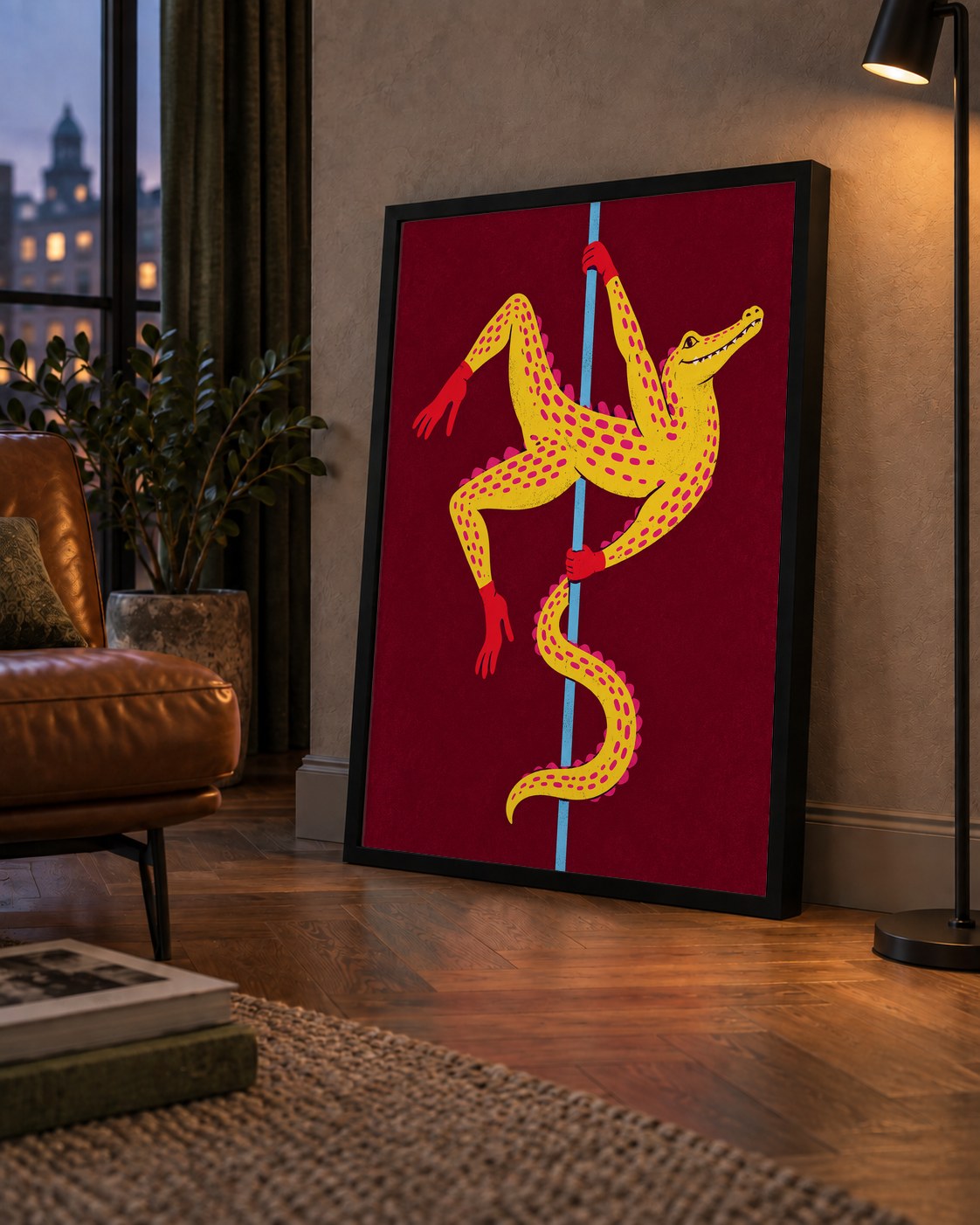 Dans Eden Timsah Poster – Renkli ve Eğlenceli Dijital Sanat — çerçeveli hâliyle bir ev duvarında