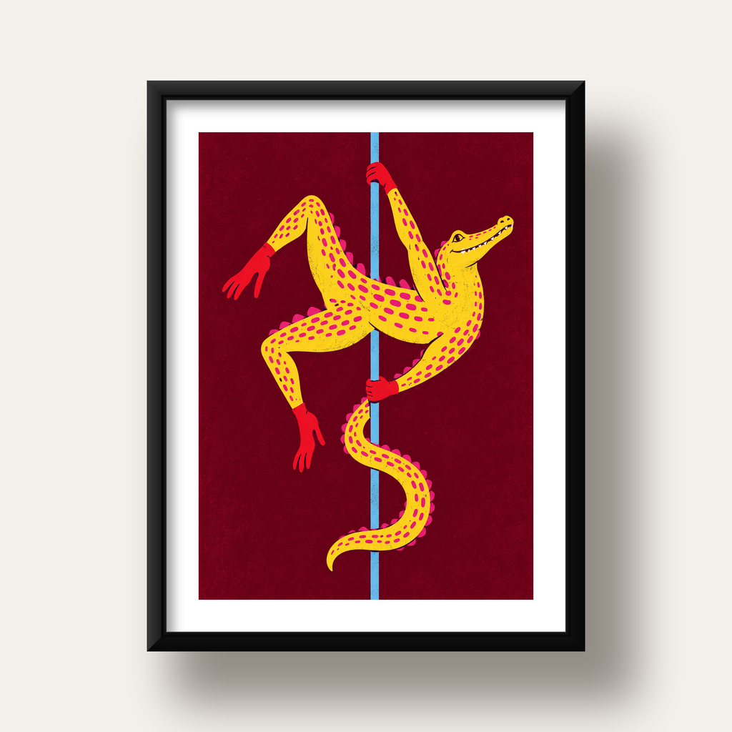 Dans Eden Timsah Poster – Renkli ve Eğlenceli Dijital Sanat — siyah derin çerçeveli paspartulu