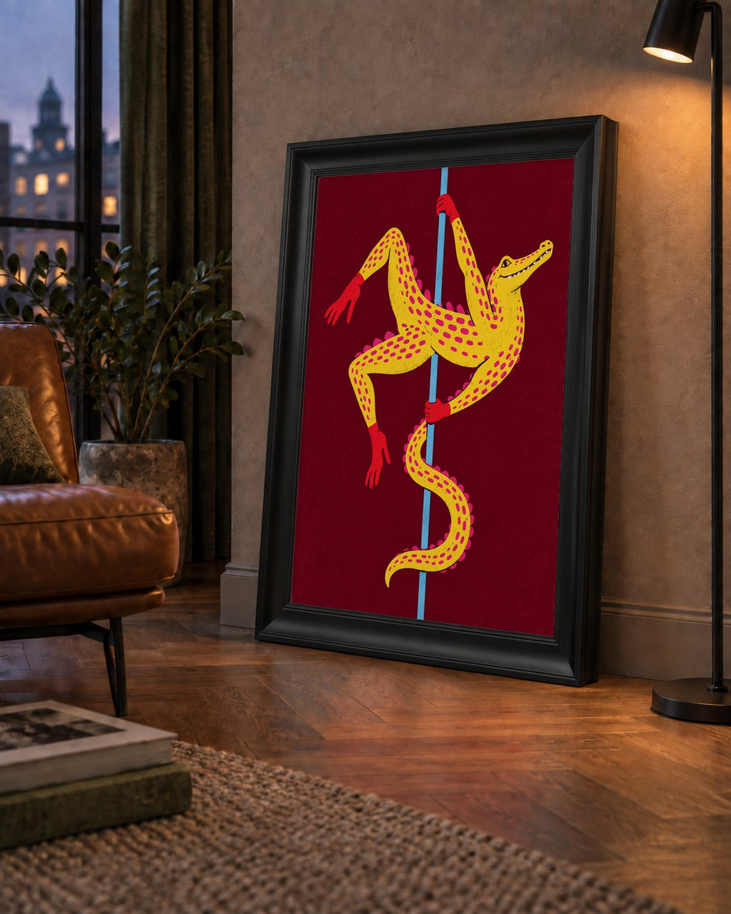 Dans Eden Timsah Poster – Renkli ve Eğlenceli Dijital Sanat — çerçeveli hâliyle bir ev duvarında