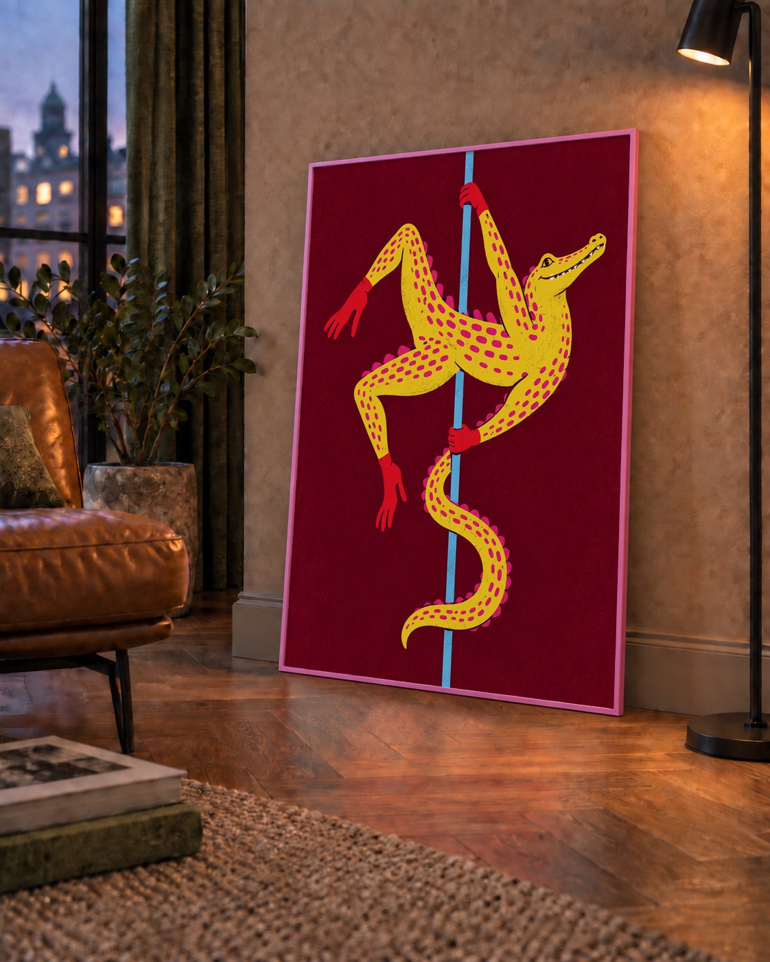 Dans Eden Timsah Poster – Renkli ve Eğlenceli Dijital Sanat — çerçeveli hâliyle bir ev duvarında