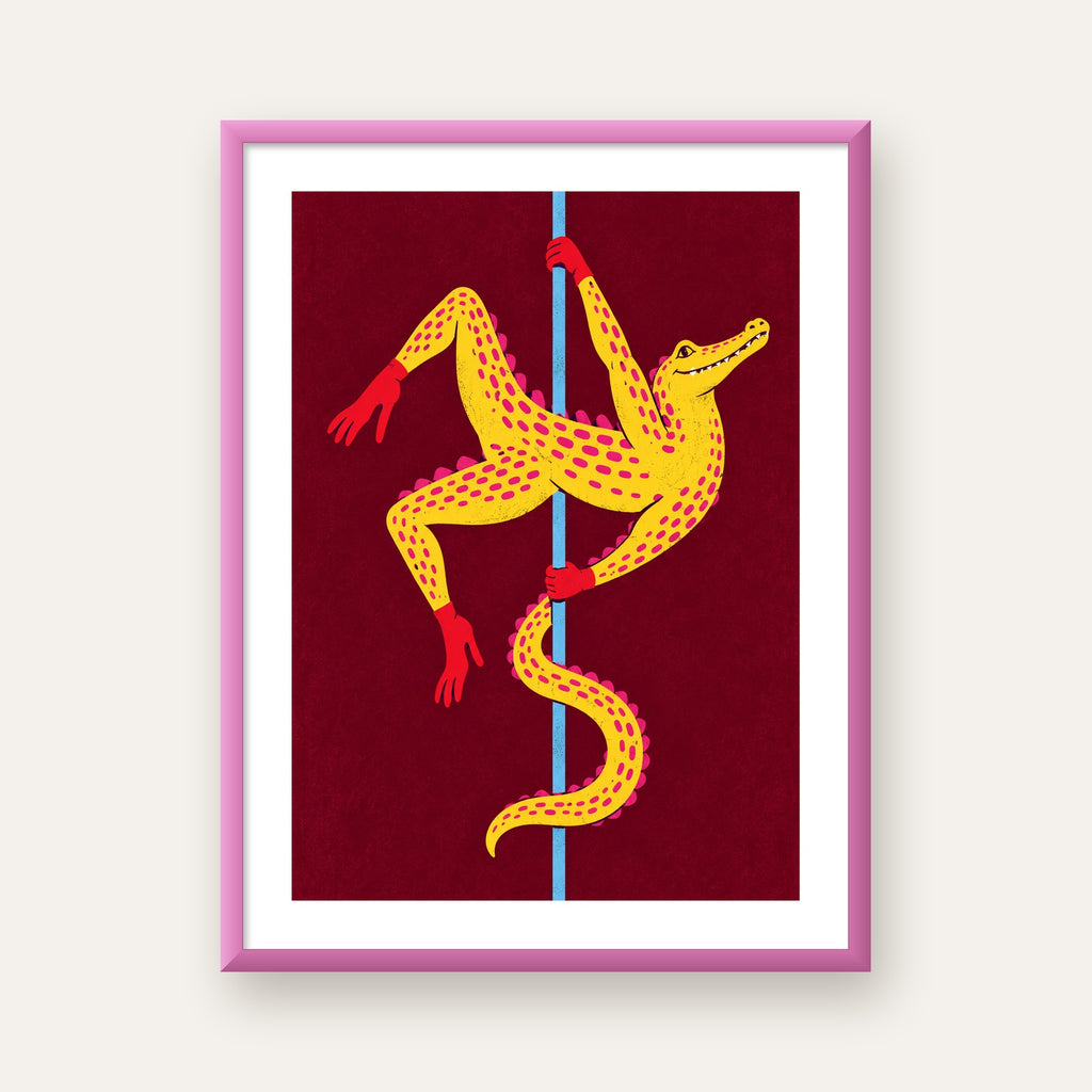 Dans Eden Timsah Poster – Renkli ve Eğlenceli Dijital Sanat — pembe çerçeveli paspartulu