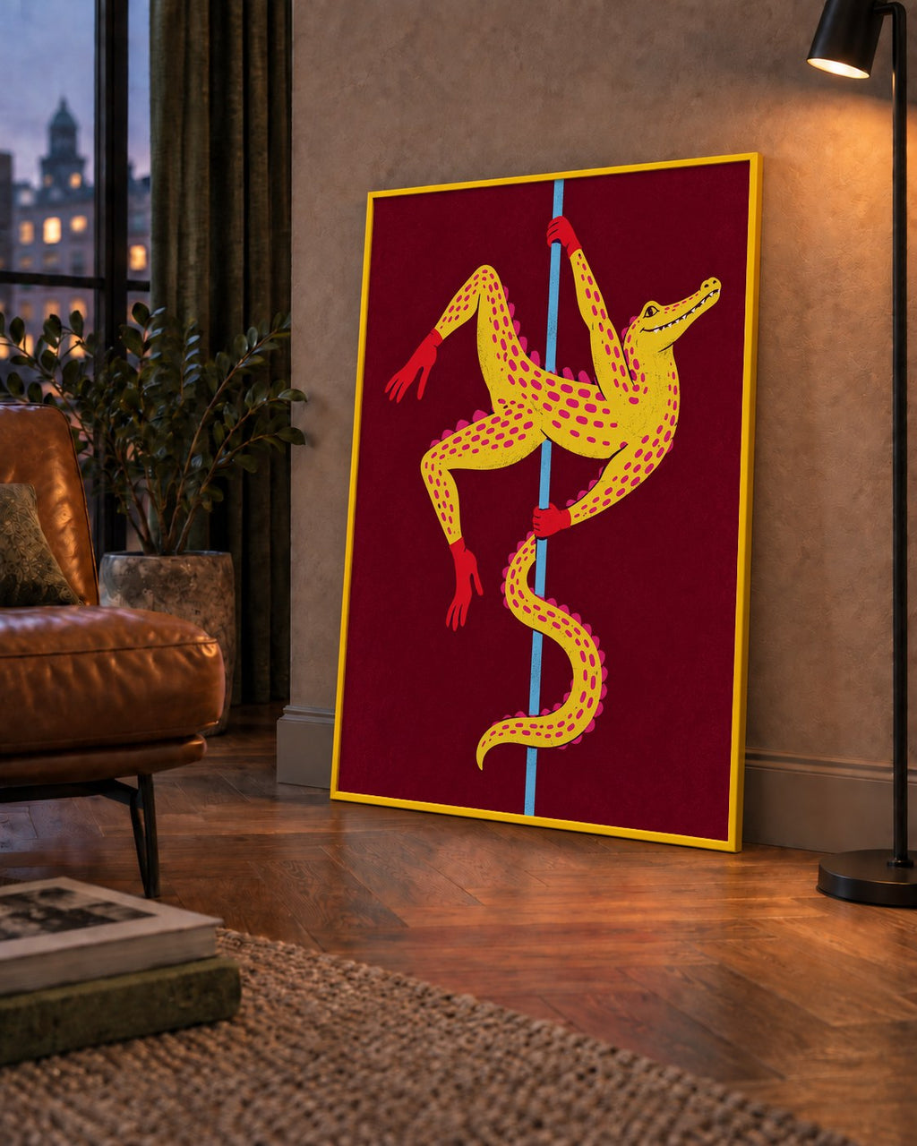 Dans Eden Timsah Poster – Renkli ve Eğlenceli Dijital Sanat — çerçeveli hâliyle bir ev duvarında