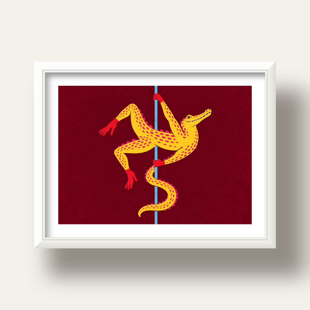 Dans Eden Timsah Poster – Renkli ve Eğlenceli Dijital Sanat — beyaz derin çerçeveli paspartulu
