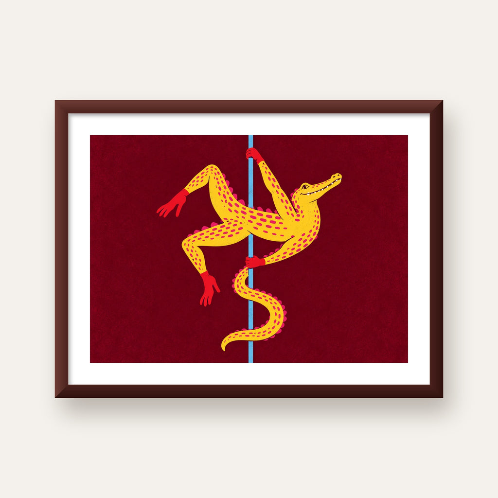 Dans Eden Timsah Poster – Renkli ve Eğlenceli Dijital Sanat — ceviz çerçeveli paspartulu