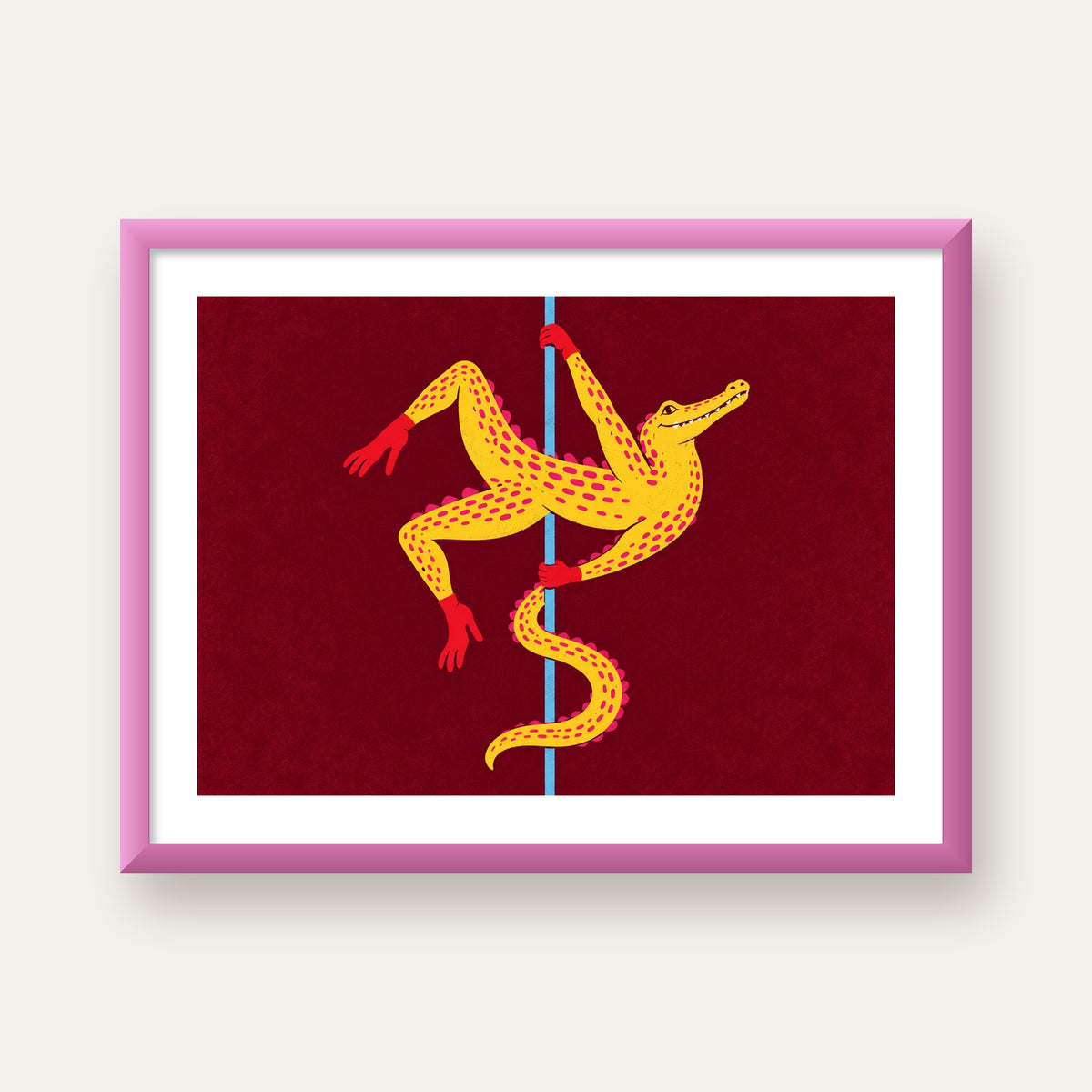 Dans Eden Timsah Poster – Renkli ve Eğlenceli Dijital Sanat — pembe çerçeveli paspartulu