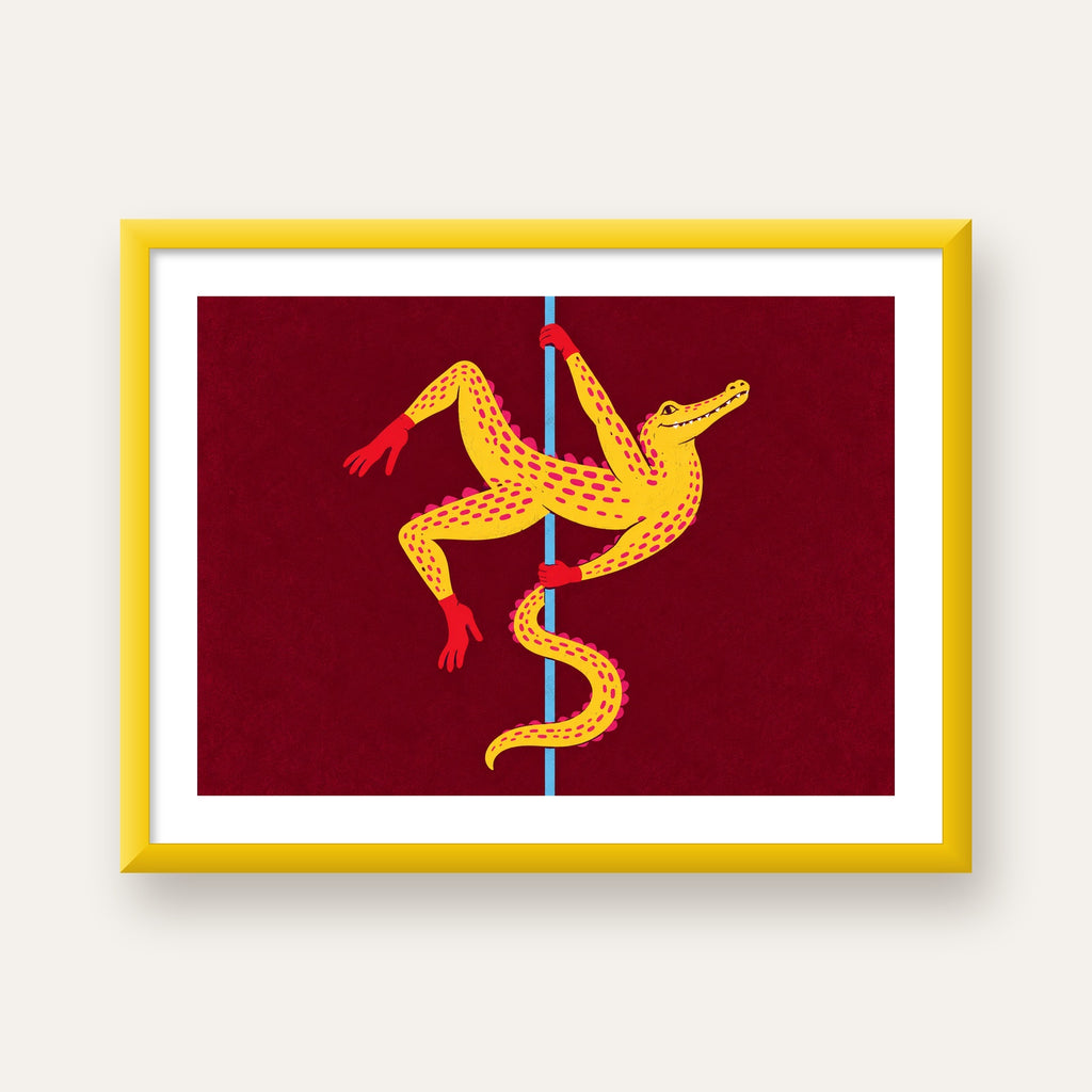 Dans Eden Timsah Poster – Renkli ve Eğlenceli Dijital Sanat — sarı çerçeveli paspartulu