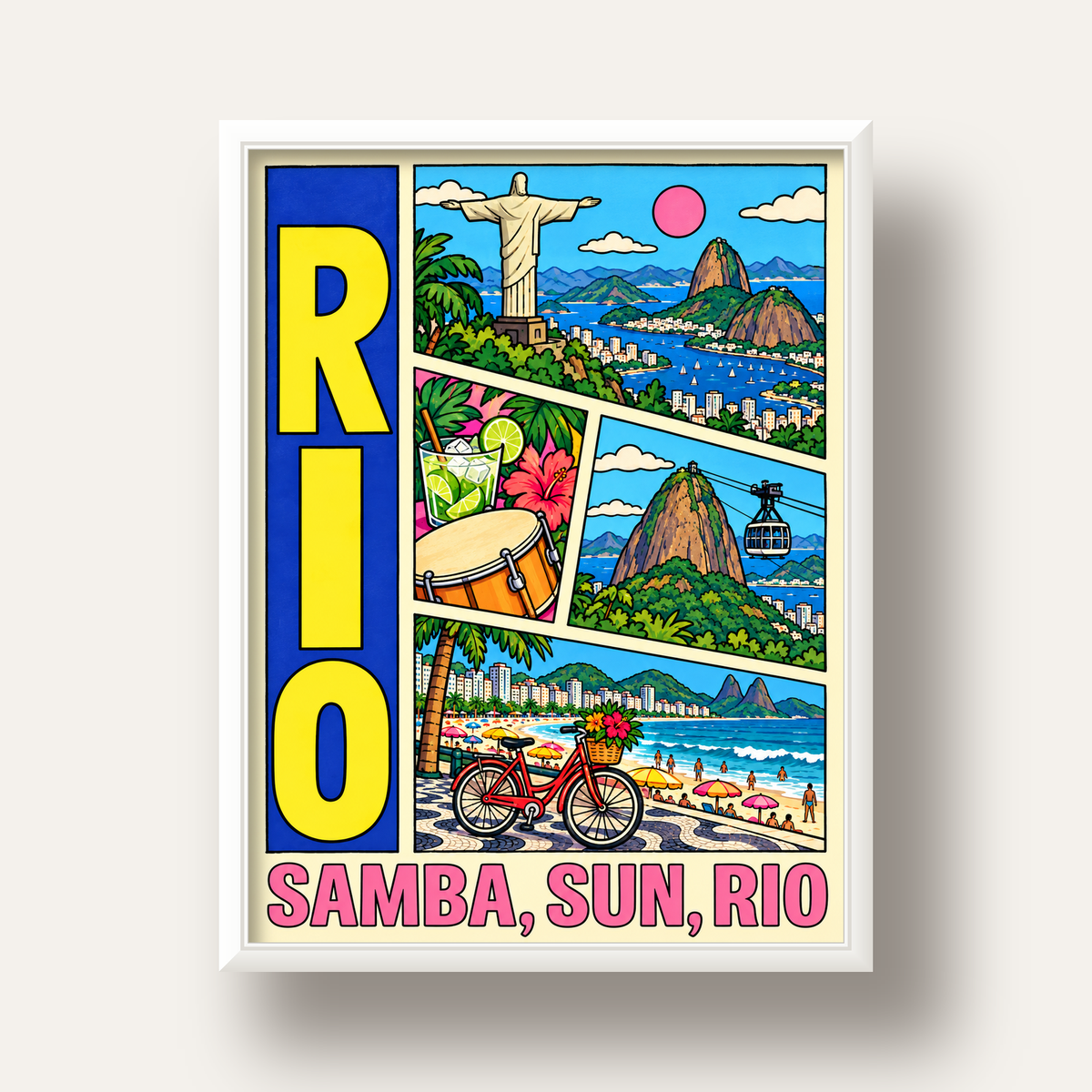 Renkli Rio de Janeiro Çizgi Roman Poster – Enerjik Dekor — beyaz derin çerçeveli