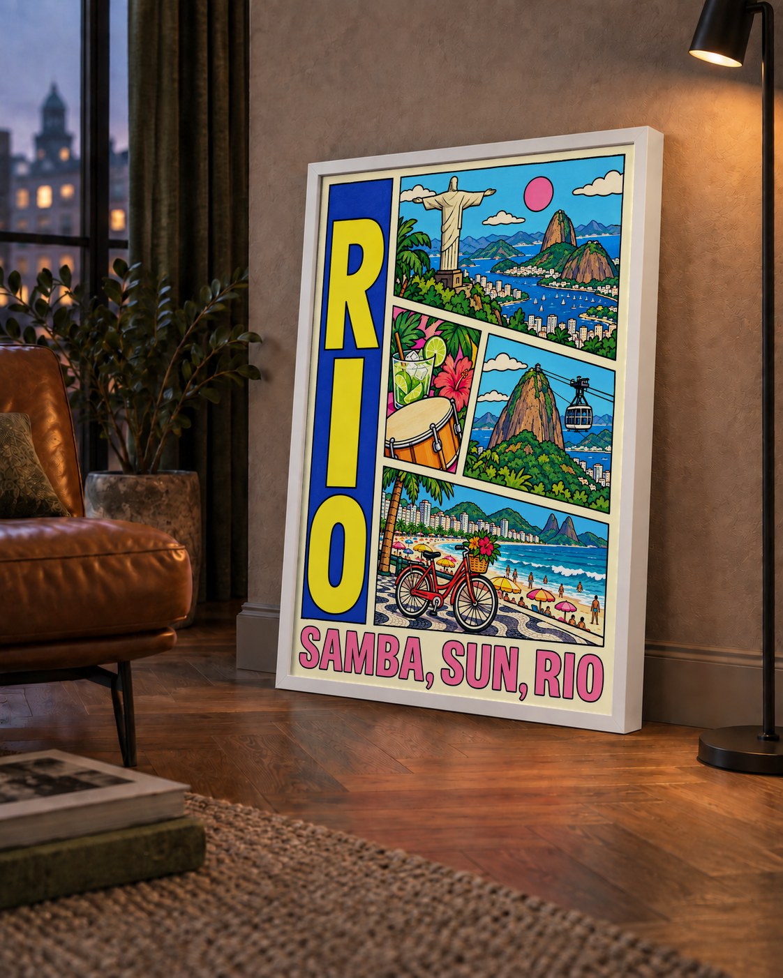 Renkli Rio de Janeiro Çizgi Roman Poster – Enerjik Dekor — çerçeveli hâliyle bir ev duvarında