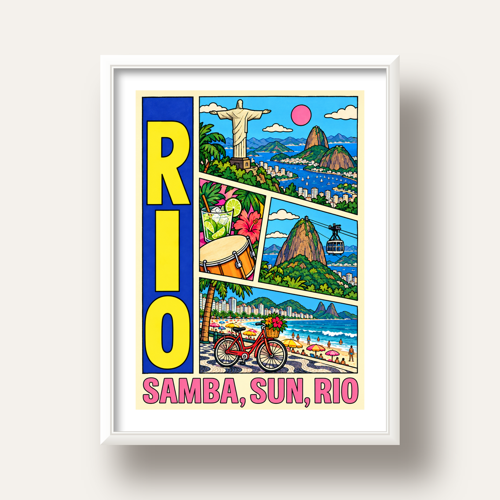 Renkli Rio de Janeiro Çizgi Roman Poster – Enerjik Dekor — beyaz derin çerçeveli paspartulu