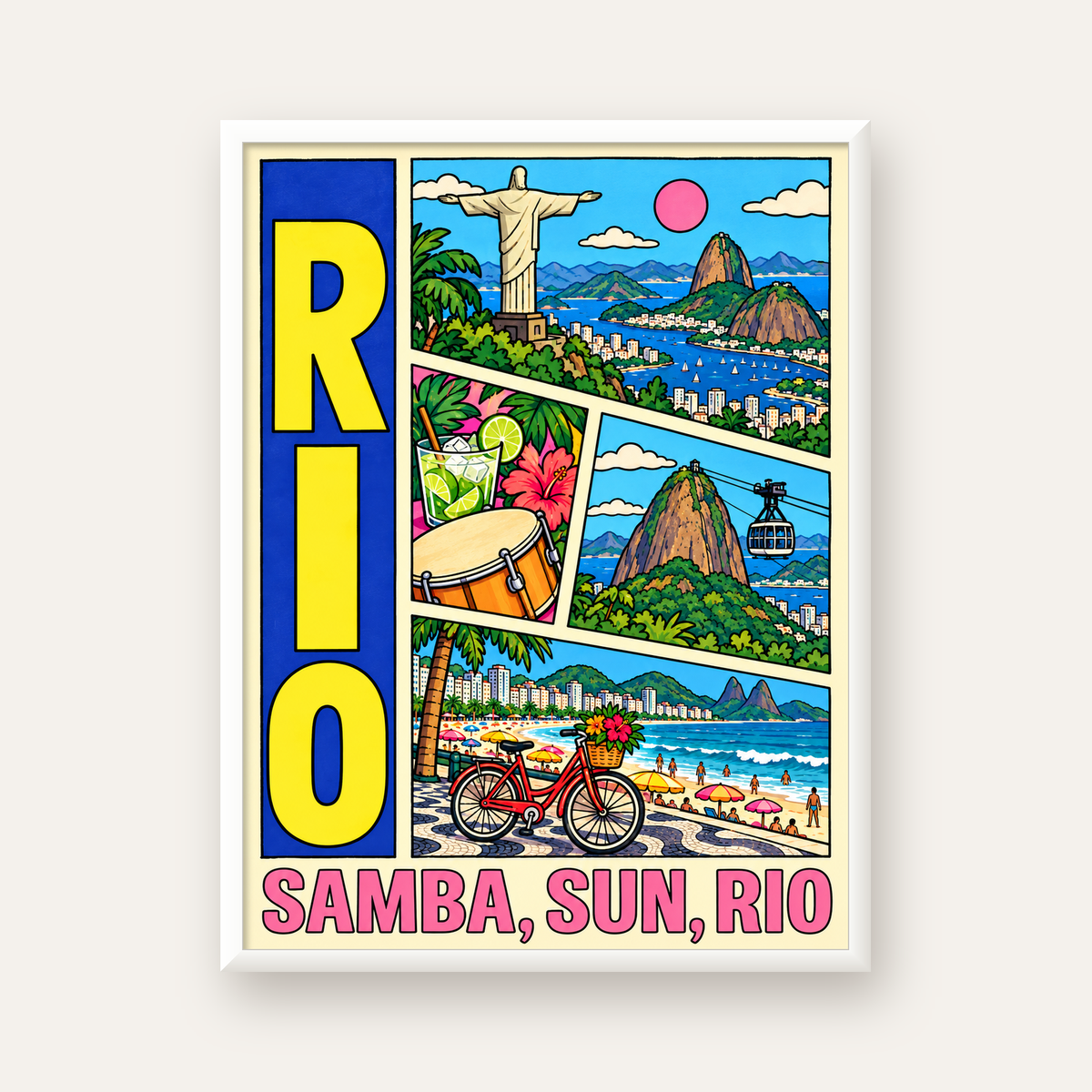 Renkli Rio de Janeiro Çizgi Roman Poster – Enerjik Dekor — beyaz çerçeveli dikey poster