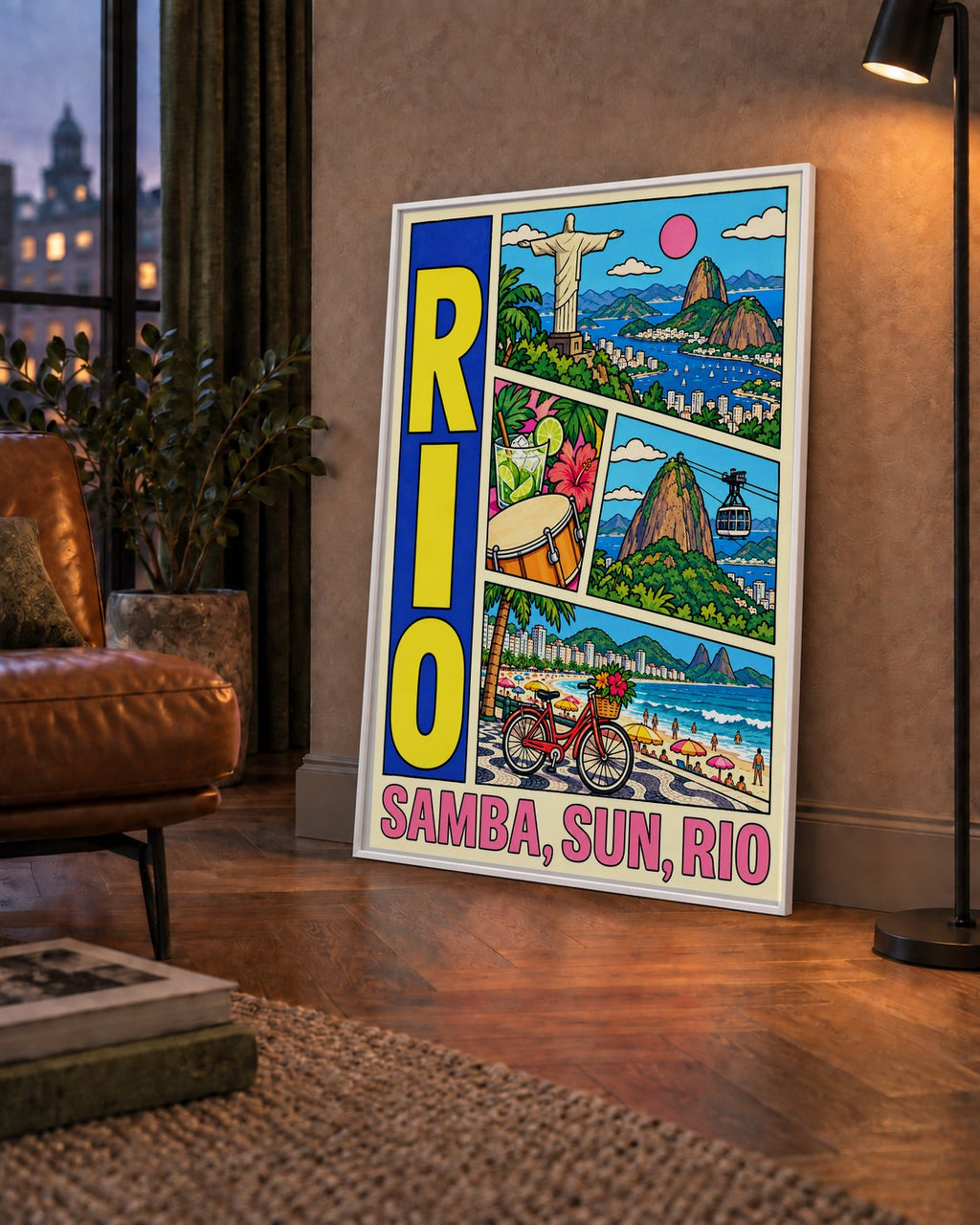 Renkli Rio de Janeiro Çizgi Roman Poster – Enerjik Dekor — çerçeveli hâliyle bir ev duvarında