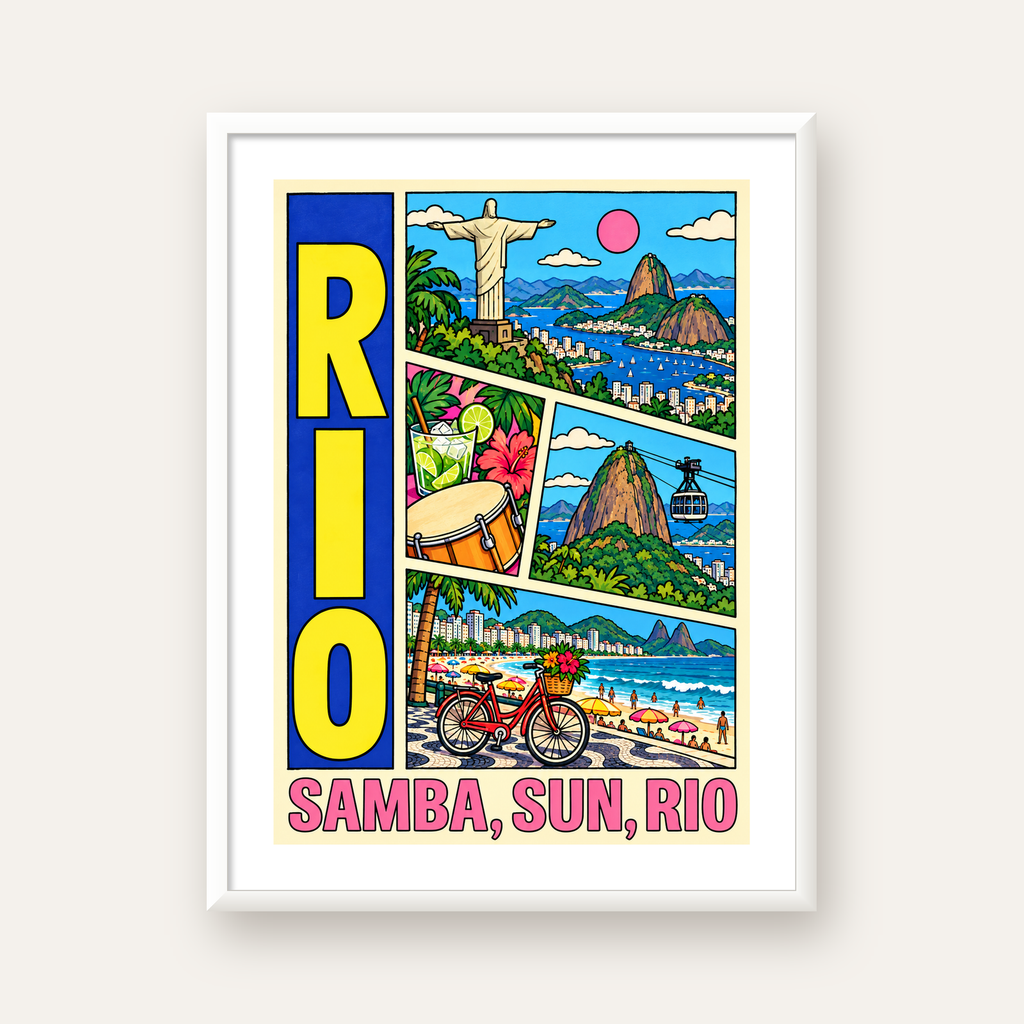 Renkli Rio de Janeiro Çizgi Roman Poster – Enerjik Dekor — beyaz çerçeveli dikey poster